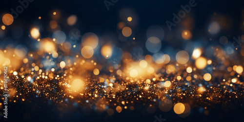 Festive magic gold flying glitter on Dark Blue Background with sparkles and New Year's bokeh for cards or wallpapers 
