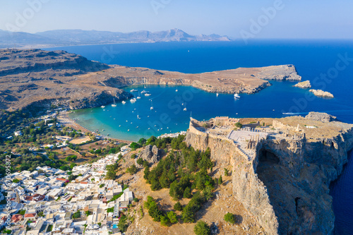 Panoramic view of St. Paul bay and acropolis of Lindos, Rhodes island, Greece