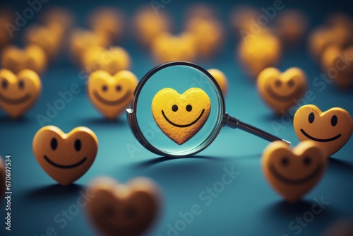 Illustration of magnifying glass and yellow heart with happy face, happiness concept. Generative AI