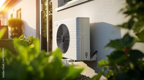 Air source heat pump installed in residential building. Sustainable and clean energy at home