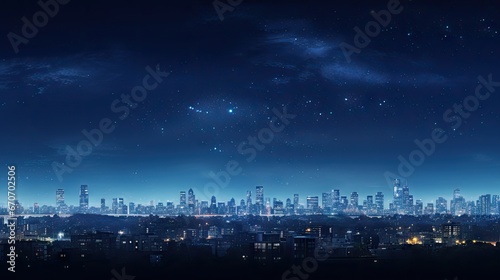  a view of a city at night with the stars in the sky and the city lights in the foreground. generative ai
