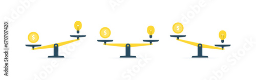 Scales with different balance. Money and idea weighing concept to find a balance in life. Money more than idea or idea more than money or idea and money in balance. Vector illustration