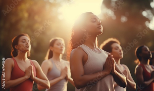 Outdoor Yoga Session: Multiethnic Women Embrace Breath and Stretch. Generative ai