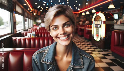 A photograph of a Cheerful Caucasian Woman, with Short Blonde hair and Green eyes, Emanating joy in a retro-style Restaurant. 4K Wallpaper. Generative AI
