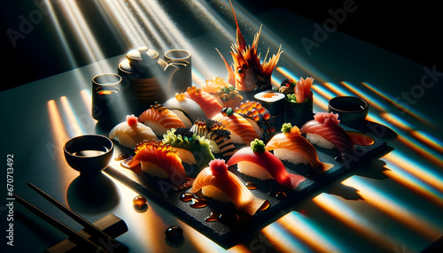 A sushi Assortment, where each Piece Stands out with its Unique Color and Form. An Artistic Play of Lights Creates a Dance of Shadows and Reflections. Generative AI. 4K Wallpaper