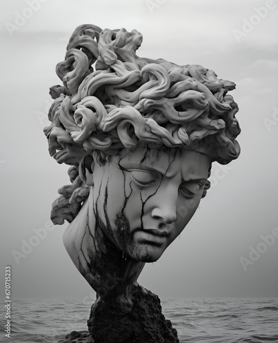 Ecos de la Antigüedad: Estatuas de Mármol y Piedra, Representando Temas Religiosos y de la Mitología Griega, Emergen de las Aguas Calmadas del Horizonte en una Fotografía en Blanco y Negro con Filtro 