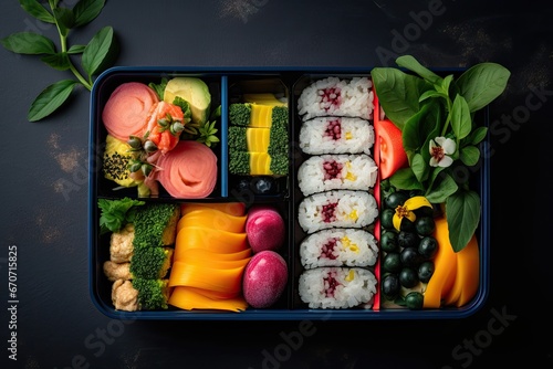 Japanese bento lunch box with sushi, rolls and vegetables on dark background