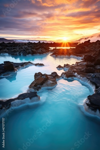 Beautiful landscape and sunset near hot spa in Iceland