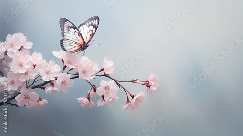  a butterfly sitting on a branch of a cherry blossom tree with pink flowers in the foreground and a blue sky in the background. generative ai