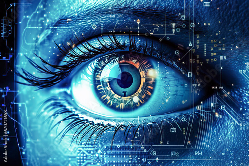 Digital Eye with Intricate Circuitry in the Iris. vision caucasian system futuristic concept ocular science human technology eye access sensor data tech digital