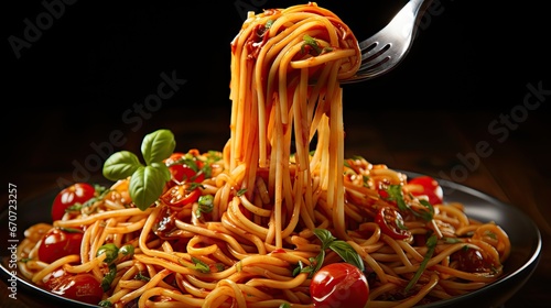  a fork full of spaghetti with tomatoes and basil on a plate with a fork stuck in the top of it. generative ai