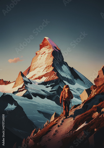illustrazione di alpinista, scalatore, che si avvicina alla cima di un picco innevato all'alba