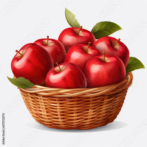 Ripe red apple in wicker basket isolated on white