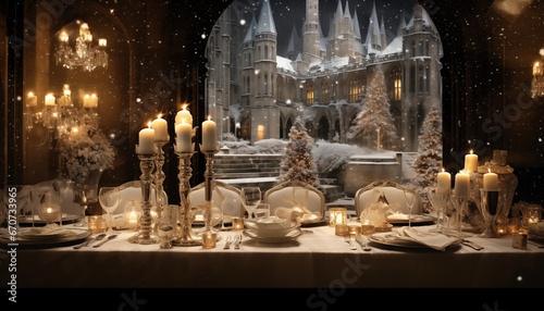 artdeco festlicher opulenter Tisch mit Kerzen vor einer alten Burg oder Schloss