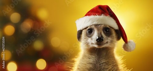 meerkat with a Christmas hat on a yellow background