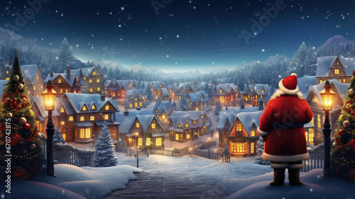 Beautiful Landscape of the Snowy Santa Claus Village At Night and Santa Claus Standing, Christmas Banner Background. Generative AI