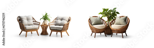 collection Set of outdoor garden rattan straw couches armchairs cutouts double seat sofas isolated on transparent background