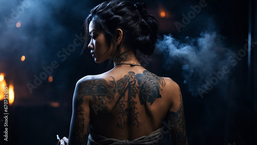 woman with saber in hand, bare back, tattoos, Japanese features, night black background, cinematography, smoke, 
