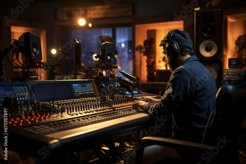 A professional studio microphone is the centerpiece, with a musician in the background and an audio mixer nearby. This setup captures the essence of musical creativity. Generative Ai.