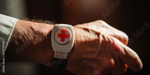 Old persons wrist, wearing medical panic button alarm 