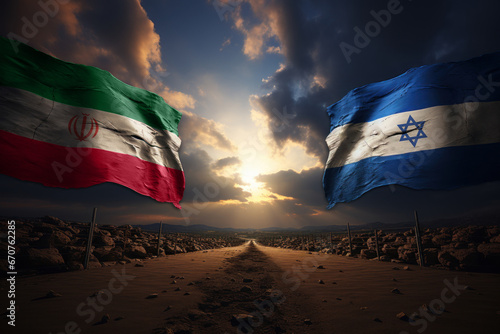 A combination of the Israel flag and the Iran flag illustrates the ongoing political conflict and military tensions between the two nations. Generative Ai.