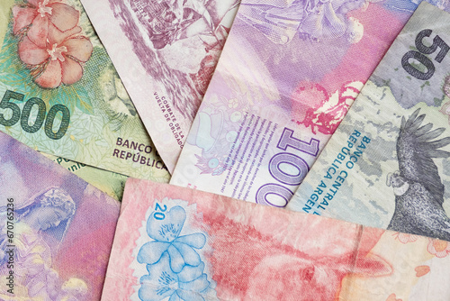 close-up of Argentine banknotes of different denominations