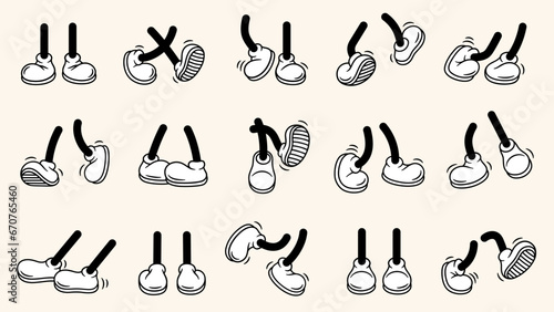 Vintage retro feet and boot vector collection. Comic retro feet in different poses, leg standing, walking, running, jumping. Isolated mascot footwear 1920 to 1950s.