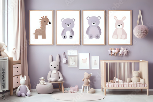 Stylish pink style newborn baby room with brown wooden four mock up poster frame, toys, plush animal and child accessories