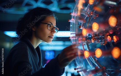 Researcher adjusting a particle accelerator in a high-tech laboratory