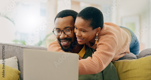 Home laptop, hug and black couple reading online shop deal, social network post or omnichannel website. Network connection, PC and African wife, husband or people search internet, web or media page