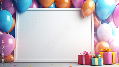 colorful balloons, gift boxes and balloon decoration on a wooden table with blank white card. 