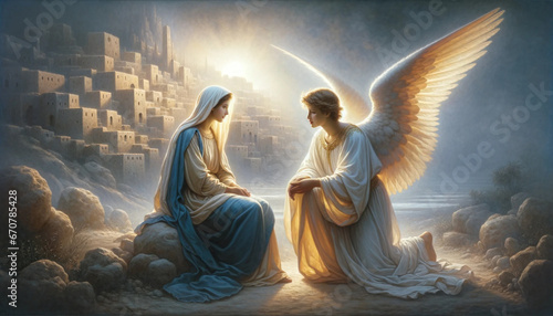 Moments of The Annunciation between the Blessed Virgin Mary and the Archangel Angel Gabriel.