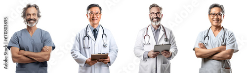 Set of Portrait of a middle aged doctor man happy smiling and standing posing arms crossed, hand holding using tablet computer, isolated on white background, png
