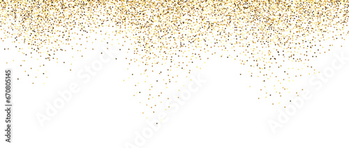 Golden glitter background. Sparkling small confetti wallpaper. Splashed gold dots texture. Border frame design element for posters, flyer, invitation, Christmas, New year, birthday decoration. Vector