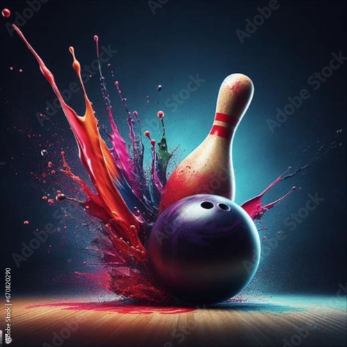 Bowling ball hitting pin with colored splash 
