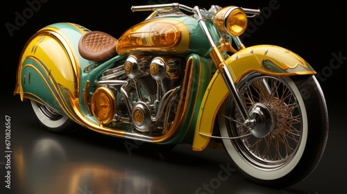 A glimmering beast of speed, the chopper roars with gold and green intensity, its tires gripping the pavement as it stands parked, a symbol of freedom and rebellion