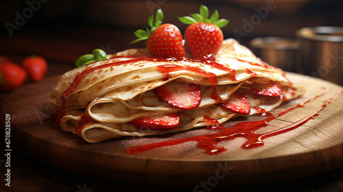 Fragrant strawberry crepe on the table with kitchen background and morning sunrise. Created using generative AI.