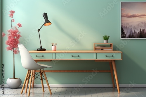 Pastel mint green office desk with a pastel gray lamp, creating a harmonious and functional workspace, Generative AI