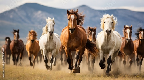 Horse herd running in dust against dramatic background. AI generated image