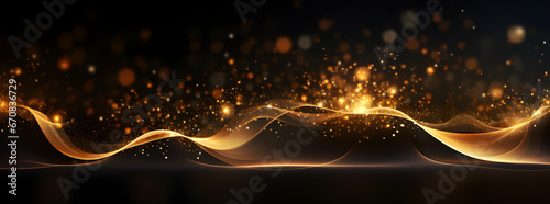 Luxurious golden waves of light and sparkle, elegantly flowing data transfer technology, bokeh gold swirl on a black background, a card for luxury greetings, business, and technology,
