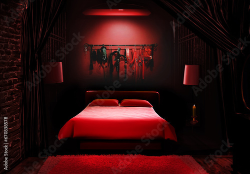 Whips for BDSM on red background in darkside. Accessory for sexual games.