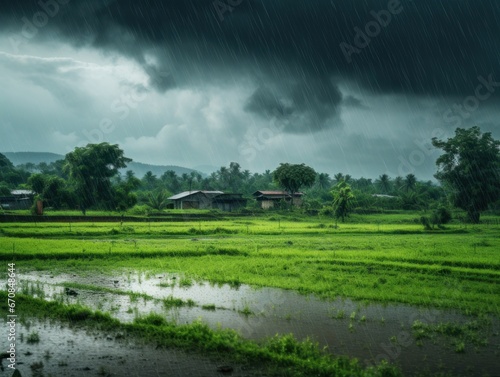 Atmosphere of the Indian monsoon season, with raindrops, lush greenery, and cloudy skies. Countryside.