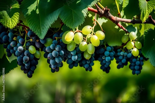 In a vineyard, a cluster of green grapes hanging from a vine.