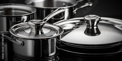 set of metal pans and pots and colander on kitchen Stainless Steel Cookware Set of pots and pans. AI Generative