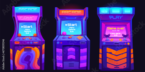 Arcade game machines set isolated on black background. Vector cartoon illustration of retro computer gaming cabinet with buttons, joystick console, coin slots, menu options text on neon display