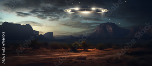 A glowing UFO hovering low in the desert night sky shines brightly 3
