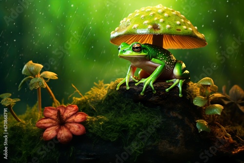 beautiful green colored frog sits in the shade of magic forest on a mushroom