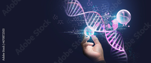 Digital of Virtual analysis chromosome DNA test of human in situations disease COVID-19 virus on hands in 3D illustration. Of free space for texts and creativity.