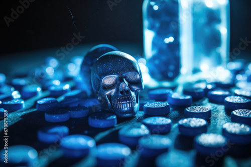 A skull with ecstasy pills or tablets with mdma on a dark background