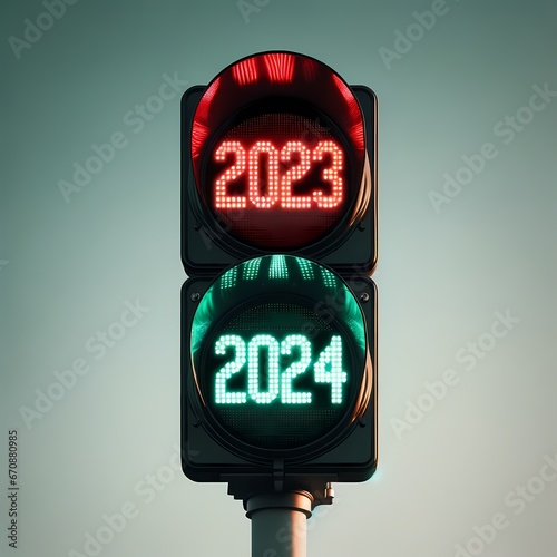 Happy new year 2024. Traffic light with green light 2024 and red 2023
